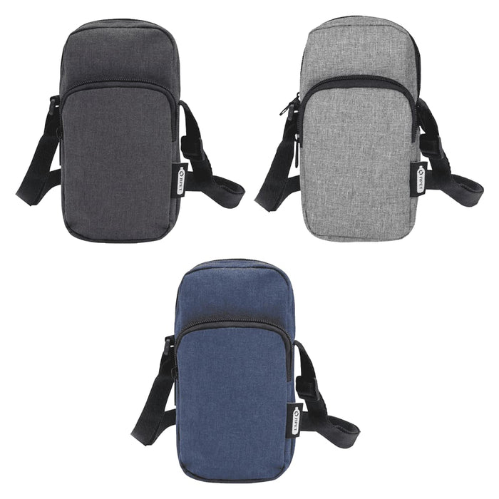 Ross GRS Recycled Phone Pouch - A collection of three phone pouches in grey, charcoal, and navy, featuring adjustable straps and zippers.