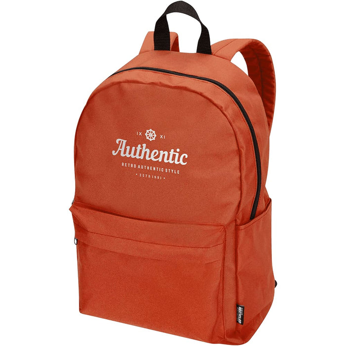 Byron 14" GRS Recycled City Laptop Backpack 16L - An orange laptop backpack with a front pocket and a brand logo on the front. Features black shoulder straps.