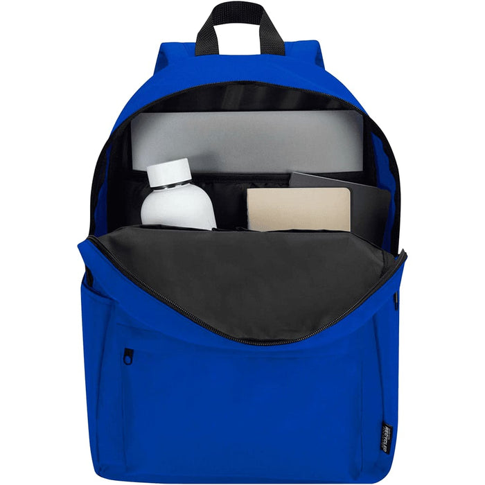 Byron 14" GRS Recycled City Laptop Backpack 16L - A blue laptop backpack featuring an open main compartment with a drink bottle, notebook, and laptop sleeve inside.