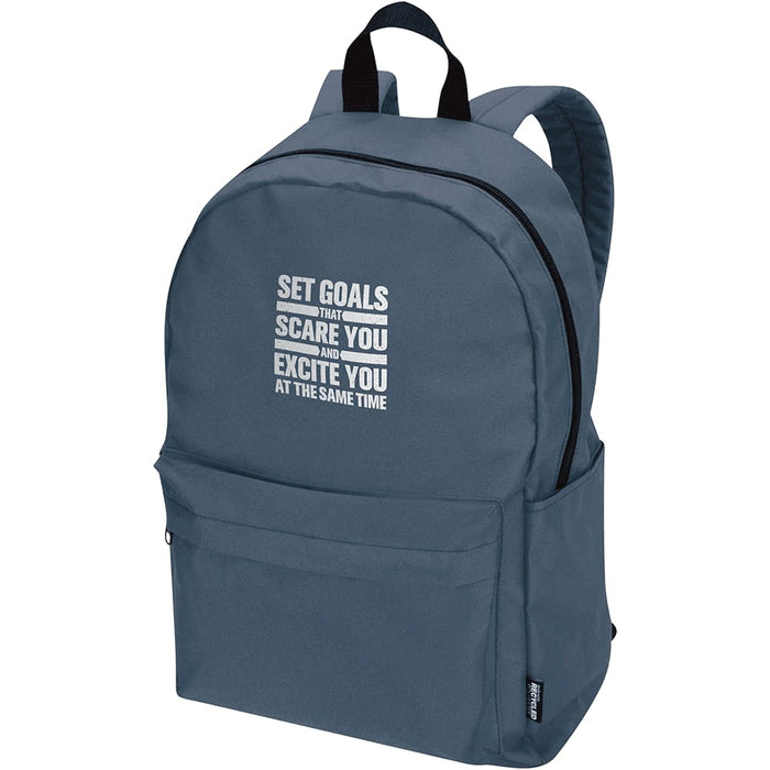 Byron 14" GRS Recycled City Laptop Backpack 16L - A grey backpack with adjustable straps, featuring a front pocket and a logo. Ideal for carrying laptops and daily essentials.