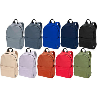 Byron 14" GRS Recycled City Laptop Backpack 16L - A collection of 10 laptop backpacks in grey, blue, navy, black, beige, lilac, orange, and green, each with a logo.