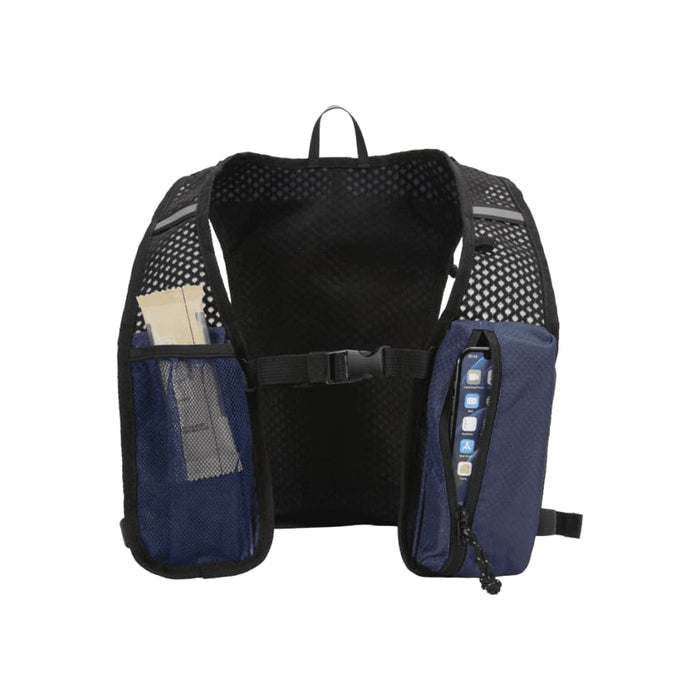 Varyon GRS Recycled Running Vest Hydration Pack 5L - A navy blue hydration pack with mesh pockets and adjustable straps, featuring a logo on the front.