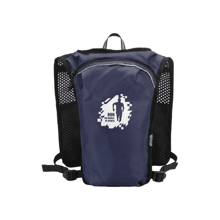 Varyon GRS Recycled Running Vest Hydration Pack 5L - A navy blue hydration pack with a mesh back and a logo on the front, designed for running.