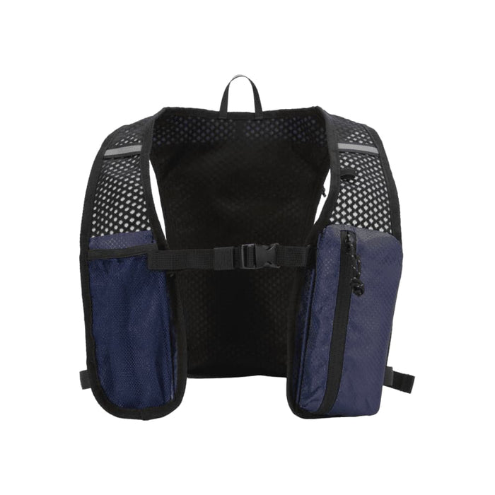 Varyon GRS Recycled Running Vest Hydration Pack 5L - A recycled running vest hydration pack in navy blue with mesh back and two zippered pockets. Includes a logo.