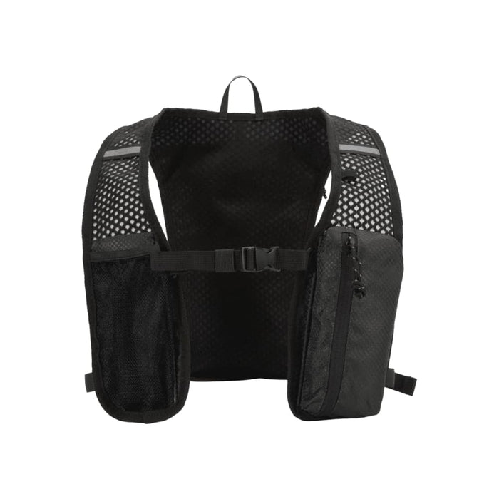 Varyon GRS Recycled Running Vest Hydration Pack 5L - A black recycled running vest hydration pack with mesh design and multiple pockets. It features adjustable straps and a logo.