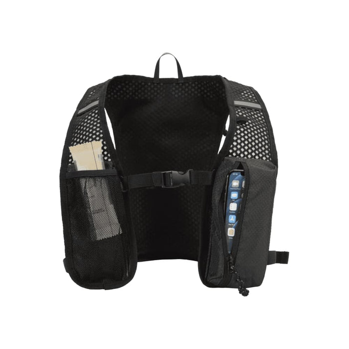 Varyon GRS Recycled Running Vest Hydration Pack 5L - A black hydration pack with mesh panels and pockets for storage, featuring a branding logo.
