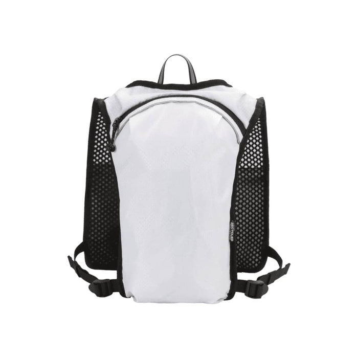 Varyon GRS Recycled Running Vest Hydration Pack 5L - A white and black running vest hydration pack with mesh sides and a zippered main compartment. It features a logo.