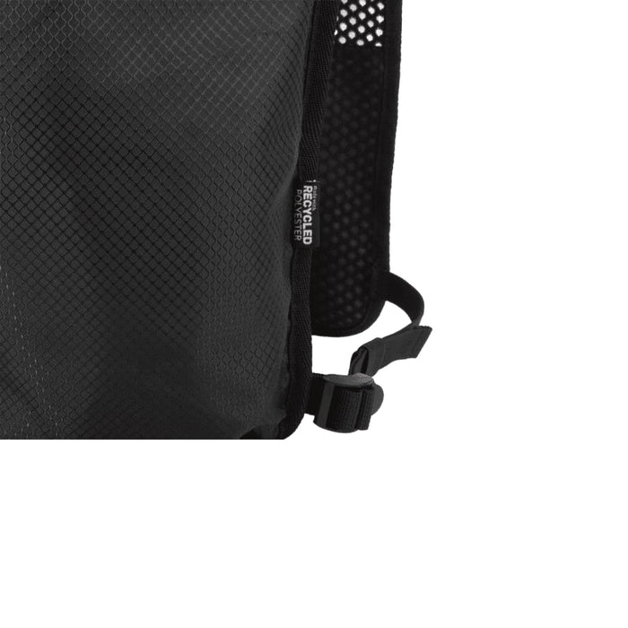 Varyon GRS Recycled Running Vest Hydration Pack 5L - A black hydration pack made from recycled polyester, featuring mesh detailing and adjustable straps, including a logo.
