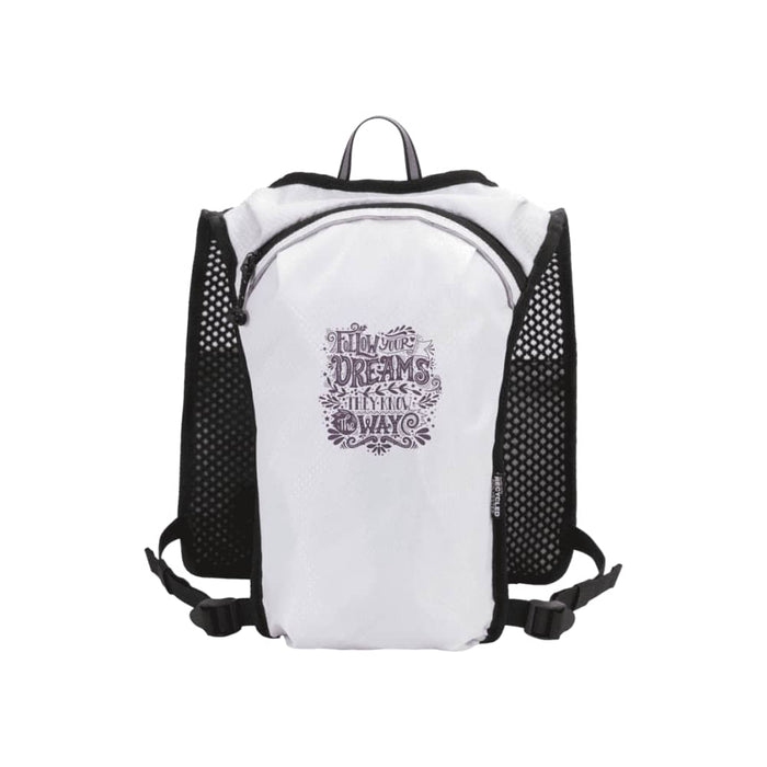 Varyon GRS Recycled Running Vest Hydration Pack 5L - A white running vest hydration pack with black mesh sides and a zippered front compartment. It features a logo.