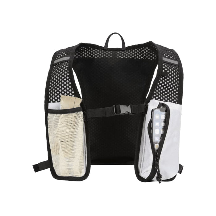 Varyon GRS Recycled Running Vest Hydration Pack 5L - A black and white recycled running vest featuring mesh pockets and a storage compartment for a phone.