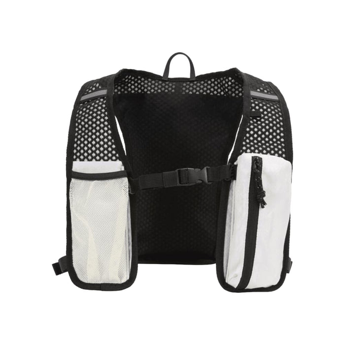 Varyon GRS Recycled Running Vest Hydration Pack 5L - A lightweight, black and white hydration pack with mesh panels and pockets for storage.