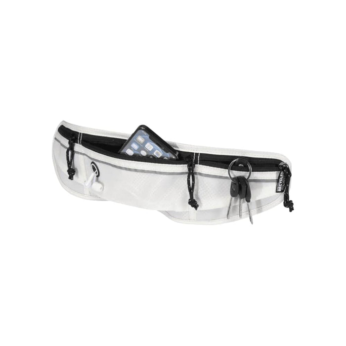Varyon GRS Recycled Running Waist Pack - A white running waist pack featuring zippered compartments for holding a phone, keys, and other essentials.