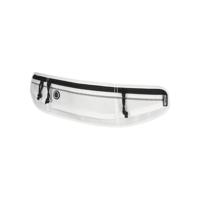 Varyon GRS Recycled Running Waist Pack - A white running waist pack with black zippers and drawstrings, featuring a logo on one side.
