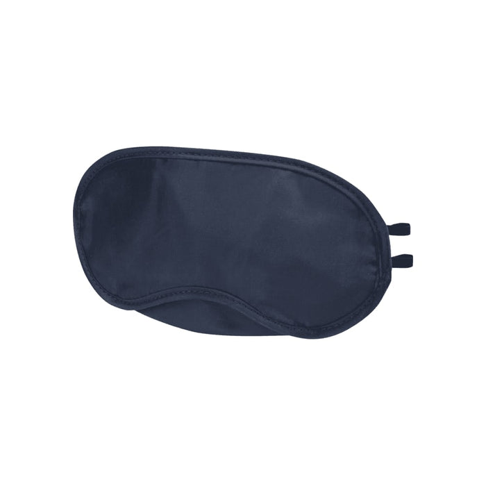 Traveler Eye Mask - A navy eye mask with adjustable straps, featuring a smooth fabric design and a logo on one side.
