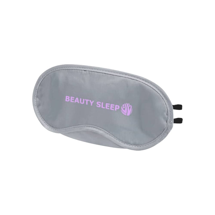 Traveler Eye Mask - A grey eye mask with a logo, featuring the words "BEAUTY SLEEP" in pink.