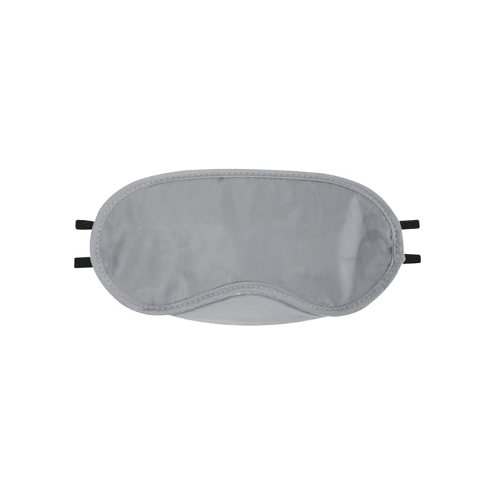 Traveler Eye Mask - A grey eye mask with black straps, designed for travel comfort, featuring a branding logo.