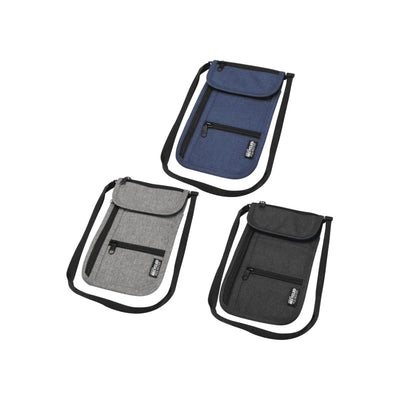 Ross GRS Recycled Smart Travel Pouch - Three recycled smart travel pouches in navy, grey, and black, featuring zippers and adjustable straps.