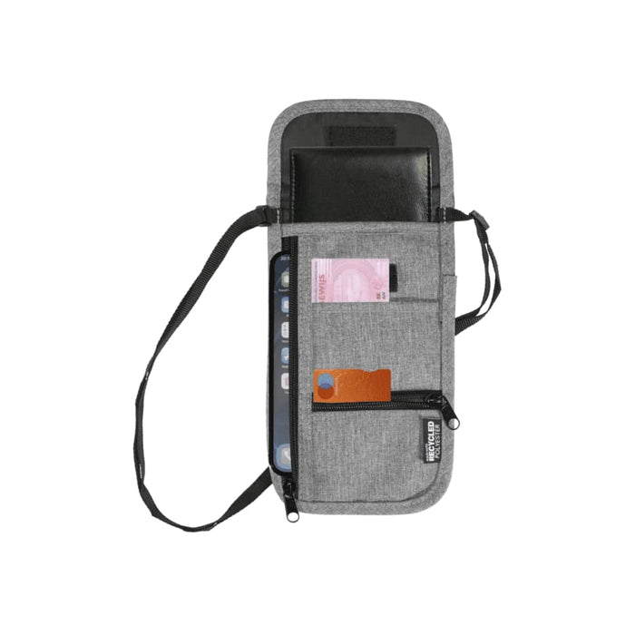 Ross GRS Recycled Smart Travel Pouch - A grey travel pouch with multiple compartments for holding documents, cards, and a device. It features a logo.