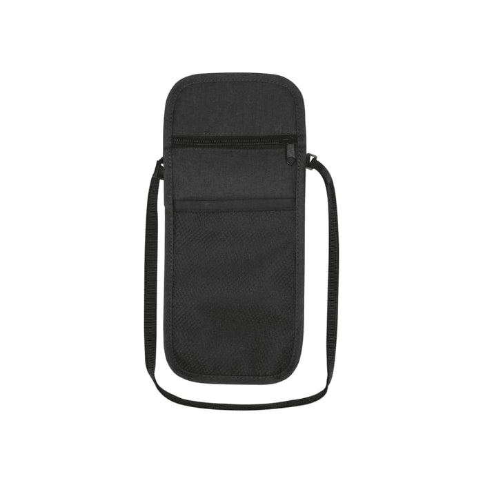 Ross GRS Recycled Smart Travel Pouch - A black recycled travel pouch with a zippered pocket and a shoulder strap, featuring a textured fabric.