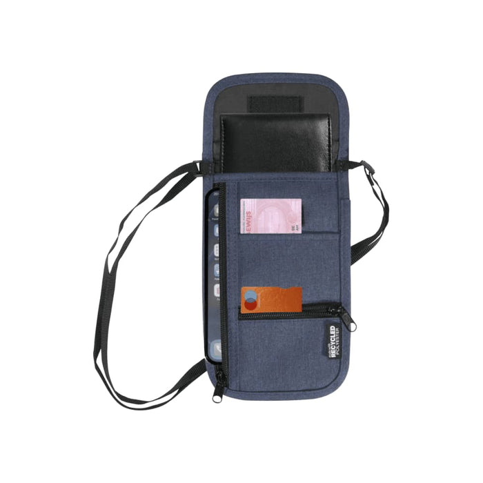 Ross GRS Recycled Smart Travel Pouch - A navy blue travel pouch with multiple compartments, holding a phone, cards, and a passport. Features a logo.