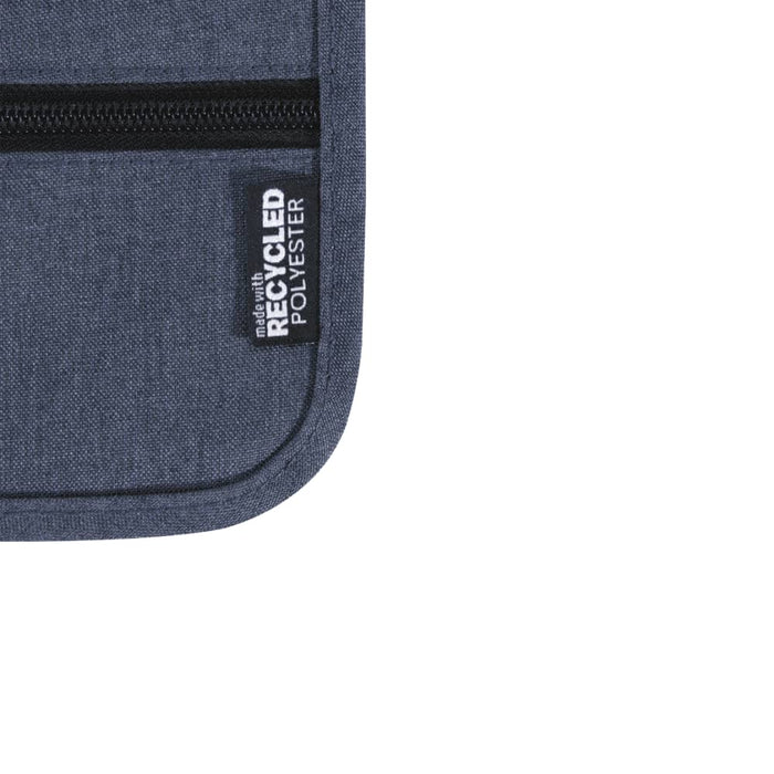 Ross GRS Recycled Smart Travel Pouch - A grey travel pouch with a zippered closure, featuring a label indicating it is made from recycled polyester.
