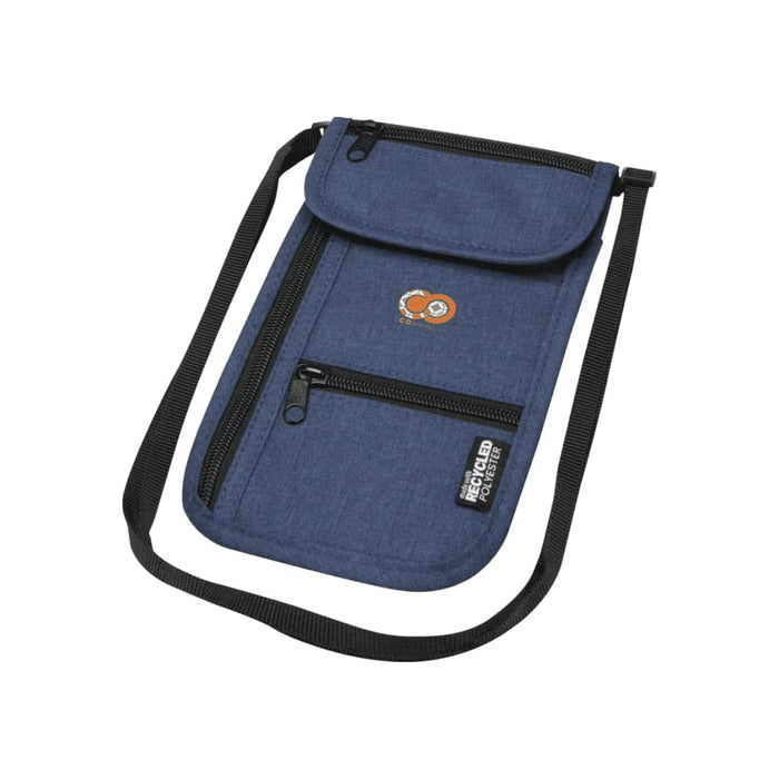 Ross GRS Recycled Smart Travel Pouch - A navy blue travel pouch made from recycled materials, featuring multiple zippered compartments and an adjustable strap.