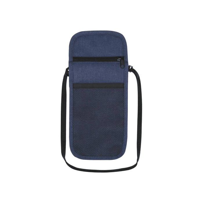 Ross GRS Recycled Smart Travel Pouch - A navy blue travel pouch with a zippered compartment and adjustable strap, featuring a textured bottom panel.