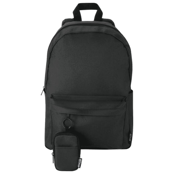 Byron Clip & Go GRS Recycled Small Pouch 0.2L - A black backpack with a front pocket and a small pouch attached via a keyring. It features a branding logo.