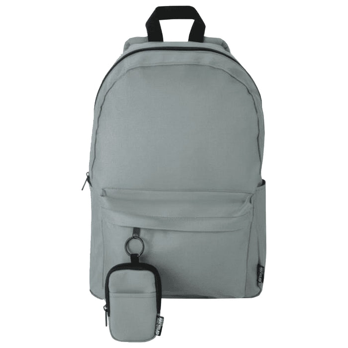 Byron Clip & Go GRS Recycled Small Pouch 0.2L - A grey backpack with a small pouch attached, featuring a logo. The backpack has multiple compartments for storage.