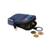 Byron Clip & Go GRS Recycled Small Pouch 0.2L - A small blue pouch with a zipped opening containing coins, a card, and a keyring attachment. It features a logo.