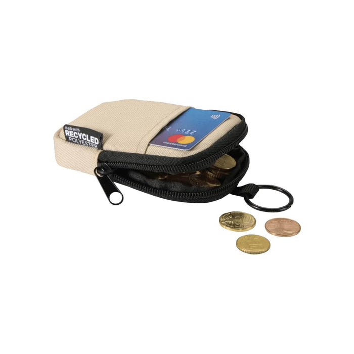 Byron Clip & Go GRS Recycled Small Pouch 0.2L - A small beige pouch made from recycled materials, with a zip opening and keyring, containing coins and a card.