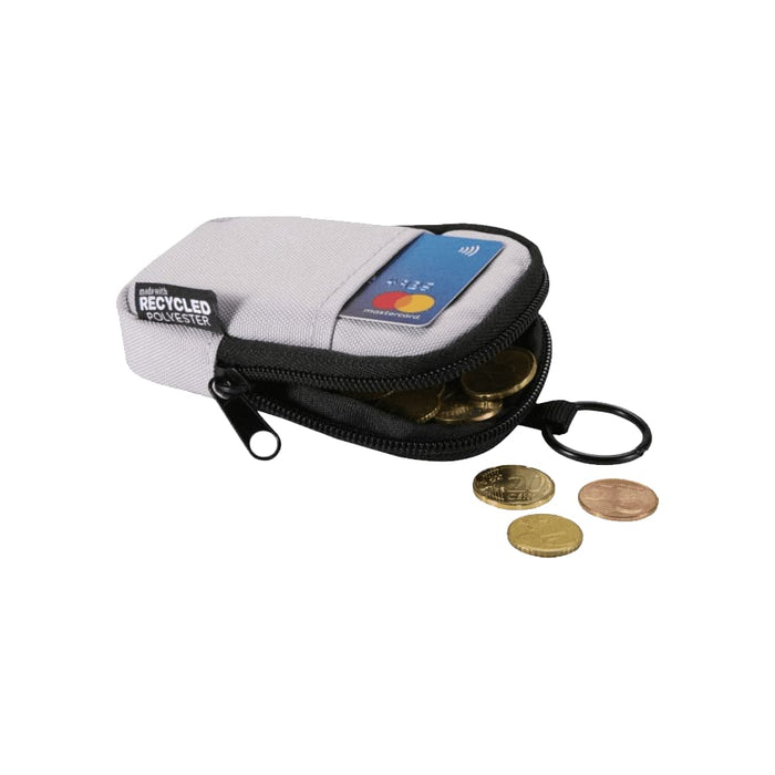 Byron Clip & Go GRS Recycled Small Pouch 0.2L - A small grey and black pouch made from recycled materials, containing coins and a card inside.