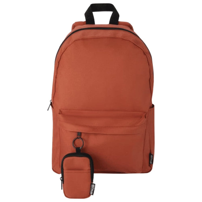 Byron Clip & Go GRS Recycled Small Pouch 0.2L - An orange backpack accompanies a small matching pouch, both featuring a logo. The backpack has multiple compartments.