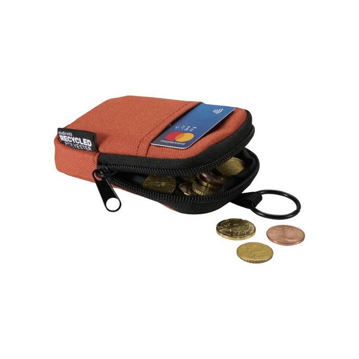 Byron Clip & Go GRS Recycled Small Pouch 0.2L - An orange recycled pouch with coins and a card inside, featuring a zip closure and a keyring attachment.