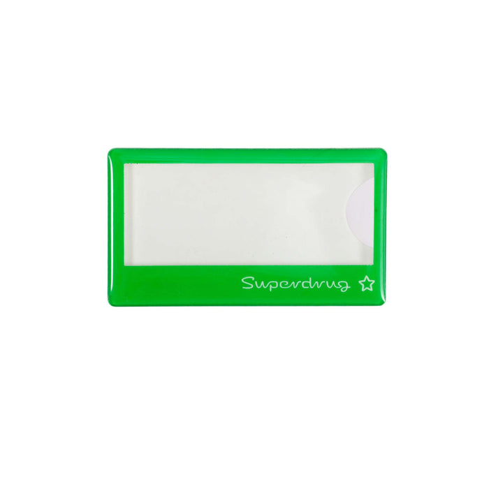 Custom Reusable Acrylic Name Badge - A green reusable acrylic name badge with a clear window and a logo on the bottom.