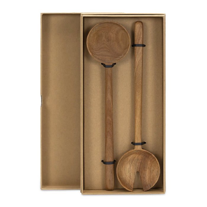 Keepsake Luca Salad Servers - Two wooden salad servers, one rounded and one forked, displayed in a rectangular box. The wood has a natural finish.