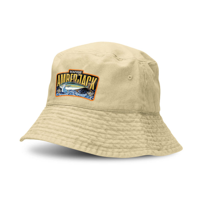Bondi Washed Bucket Hat - A beige bucket hat featuring an embroidered fish design and a logo.