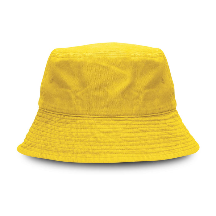 Bondi Washed Bucket Hat - A yellow bucket hat with a wide brim and textured fabric, featuring a branding logo.