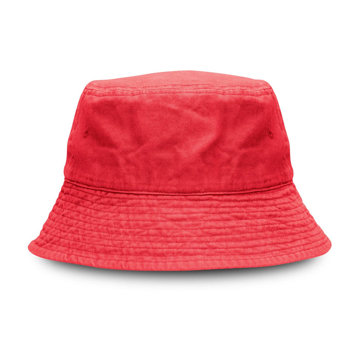 Bondi Washed Bucket Hat - A red bucket hat with a textured finish and a logo on the side.
