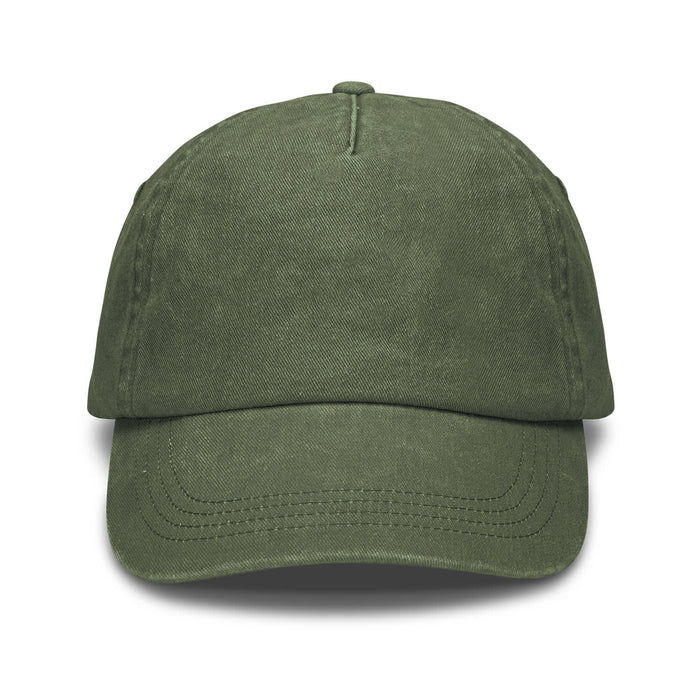 Vintage Washed Cap - A vintage washed cap in olive green with a curved brim and a logo on the front.