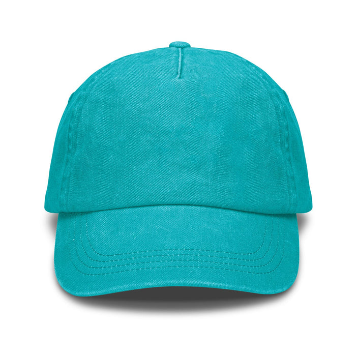 Vintage Washed Cap - A vintage washed cap in a vibrant turquoise colour, featuring a curved brim and a logo on the front.