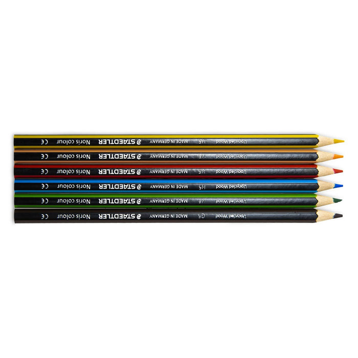 Staedtler Colouring Pencil Set of 6 - A set of six Staedtler colouring pencils in blue, red, yellow, green, black, and brown, featuring a logo.