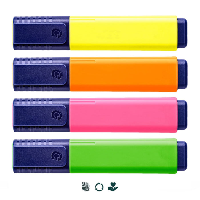 Staedtler Textsurfer Classic Highlighter - Four highlighters in yellow, orange, pink, and green, each with a dark blue cap and branding on the side.