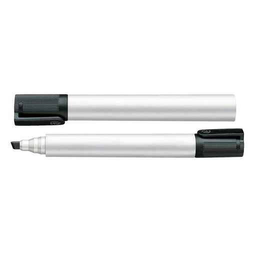 Staedtler Lumocolor Whiteboard Marker - Chisel Tip - A whiteboard marker with a chisel tip, featuring a black cap and a sleek silver barrel. It has a brand logo.
