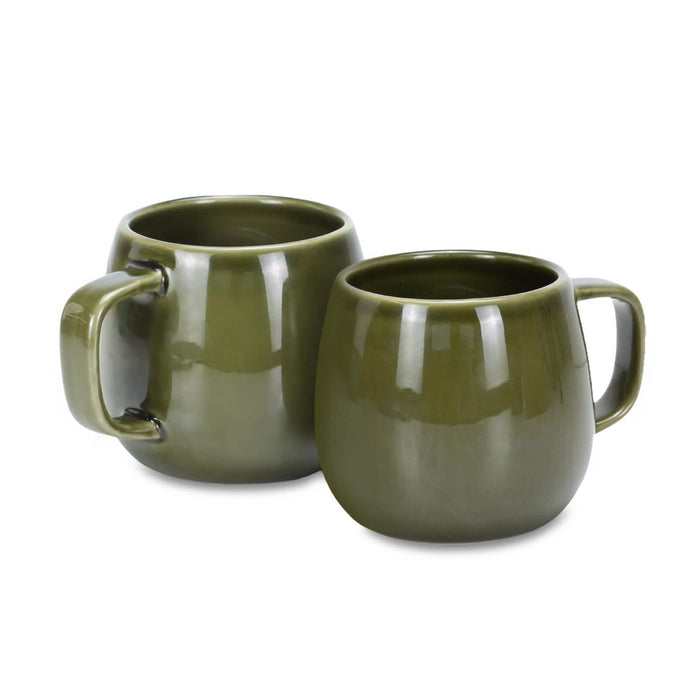 Keepsake Moda Coffee Mug – Set of 2 - A set of two glossy green coffee mugs with one featuring a handle. Both have a rounded shape.