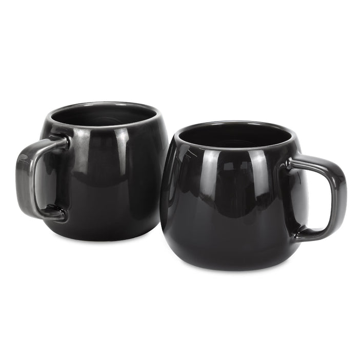 Keepsake Moda Coffee Mug – Set of 2 - A set of two glossy black coffee mugs with rounded shapes and convenient handles.