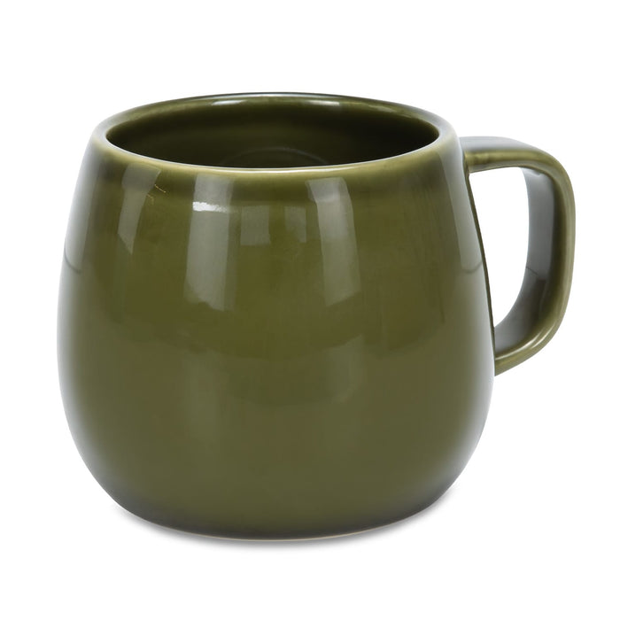 Keepsake Moda Coffee Mug – Set of 2 - A set of two rounded coffee mugs in a glossy olive green finish, featuring a handle and a smooth surface.