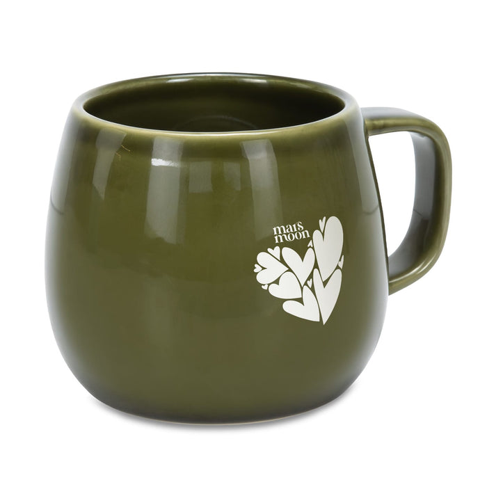 Keepsake Moda Coffee Mug – Set of 2 - A green ceramic coffee mug with a rounded shape and a handle, featuring a simple heart design and a logo.