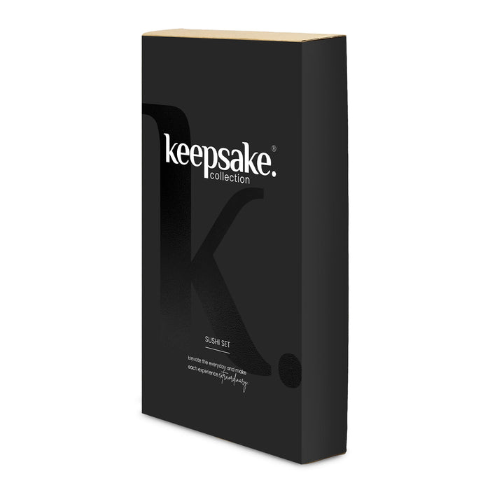 Keepsake Sushi Set - A black box packaging for a sushi set, featuring a logo and simple design.
