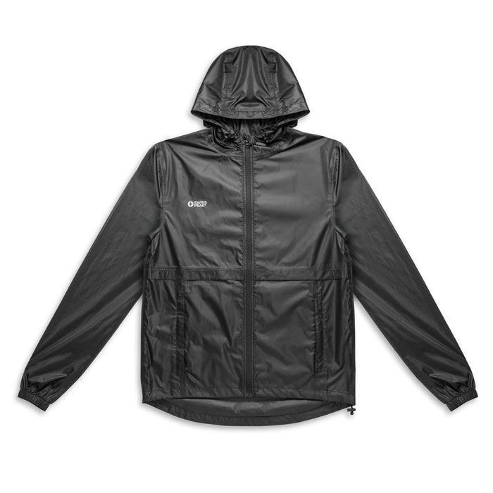 Swiss Peak Urban Unisex Windbreaker - A black unisex windbreaker featuring a hood, full zip, and front pockets, with a logo present on the chest.